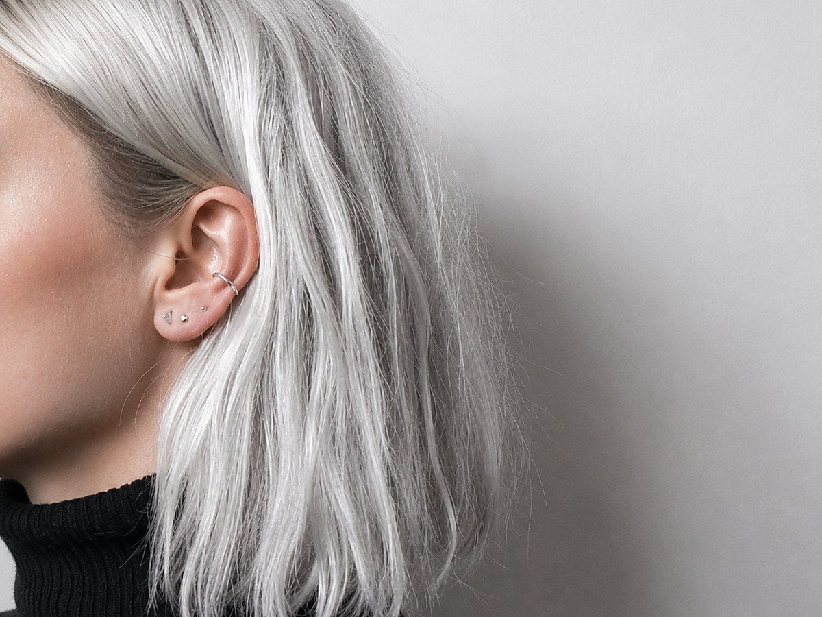 Softly blended gray at shoulder length, coloured at Touch&eacute;e Organic Salon, Juno Beach