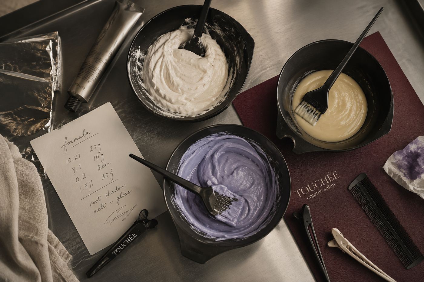 Bowls of color with a handwritten formula card