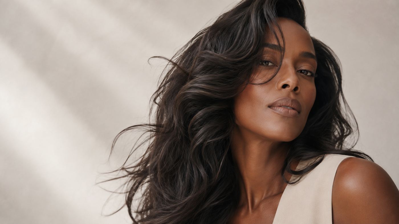 Dark wavy hair in daylight